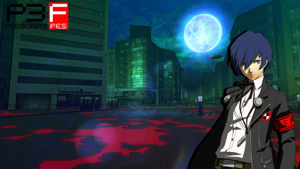 Persona 3 FES Protagonist Digital Art with Night City Background Wallpaper