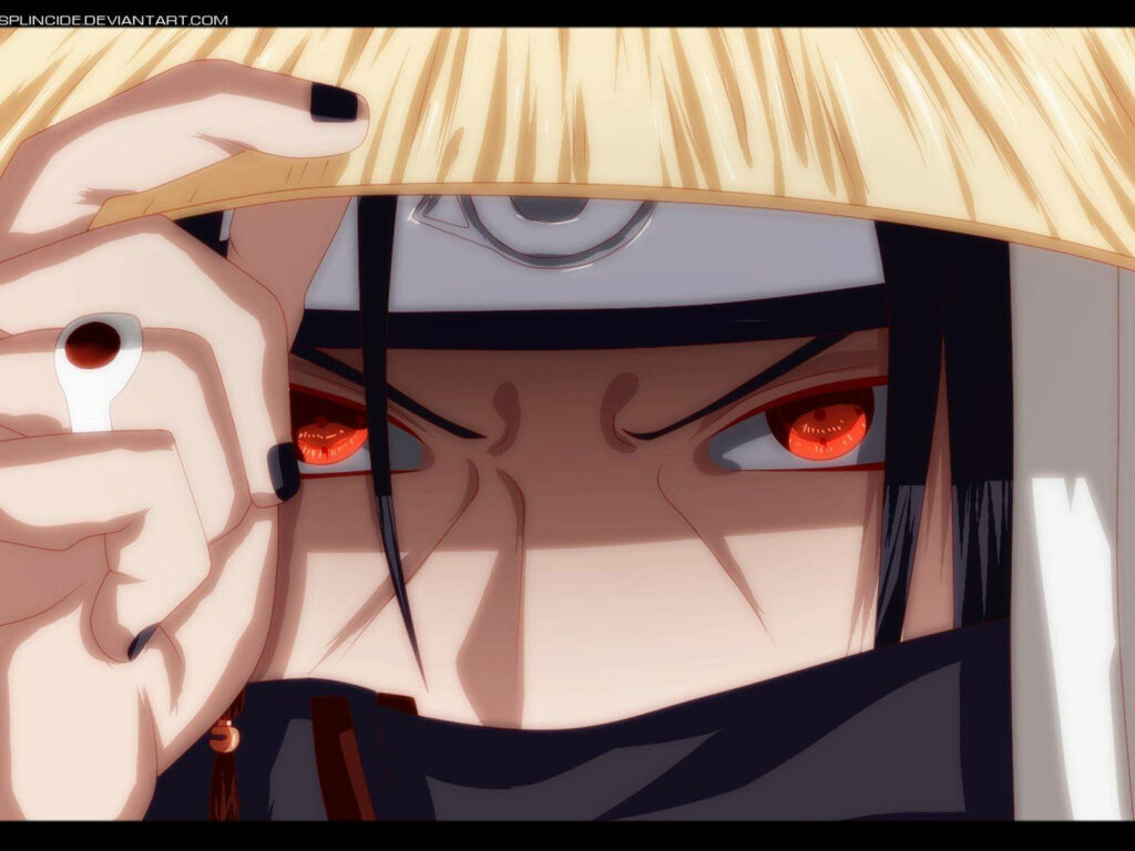 Enigmatic Akatsuki: Itachi's Intense Stare and Straw Hat Wallpaper