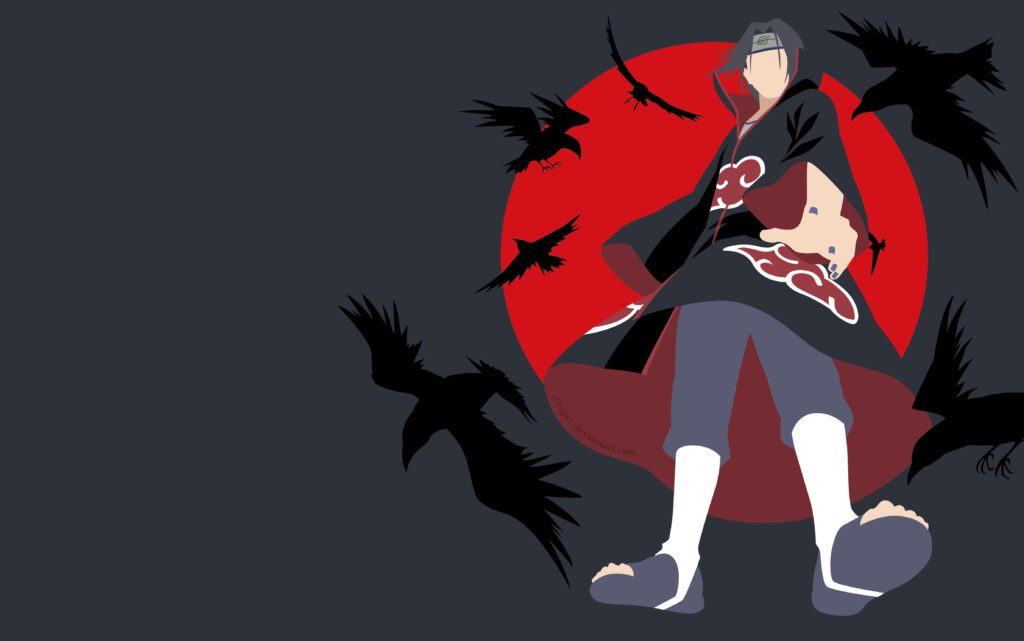 Enigmatic Itachi: A Striking 4K PC Wallpaper with Akatsuki Cloaked Naruto Character, Standing Before a Menacing Crimson Moon as Crows Loom Above