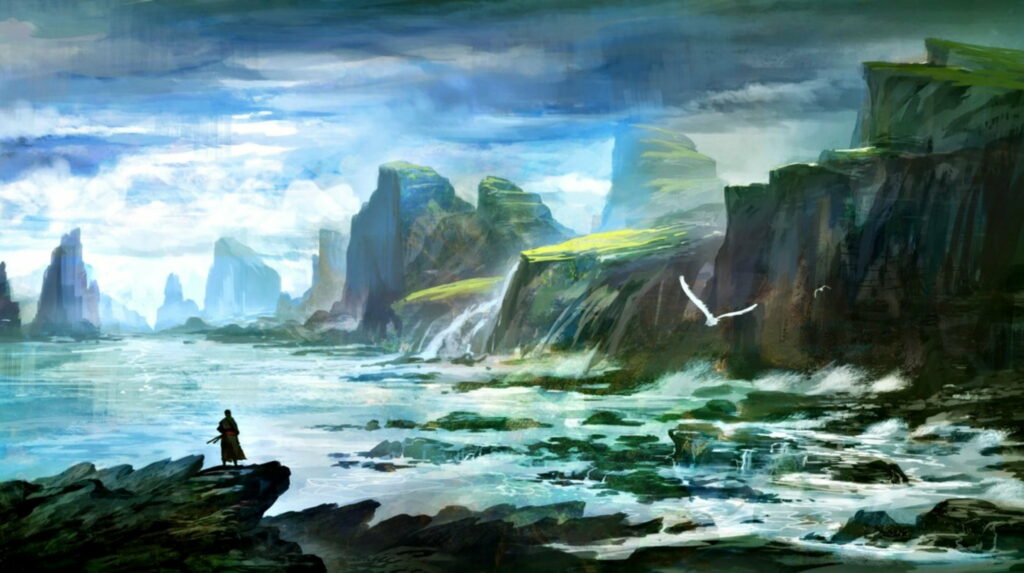 The Lone Samurai Amidst the Majestic Sea: A Captivating Fantasy Art Piece with Vibrant Waves and Soaring Birds Wallpaper