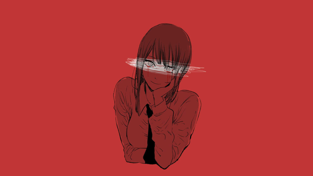 Crimson Contemplation: Makima from Chainsaw Man Ponders with Scarlet Grace Wallpaper