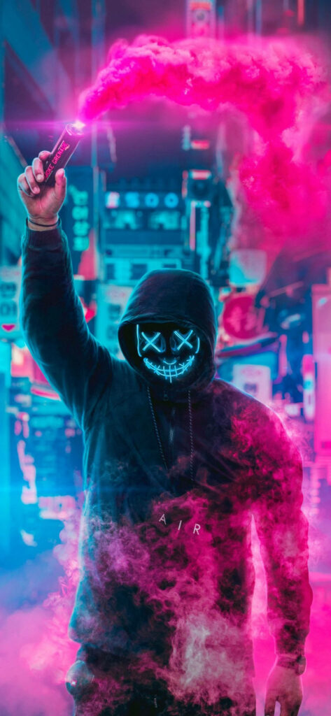 A Captivating 4k Neon Portrait: Masked Figure Creating Mesmerizing Pink Smoke with a Luminous Bottle Wallpaper