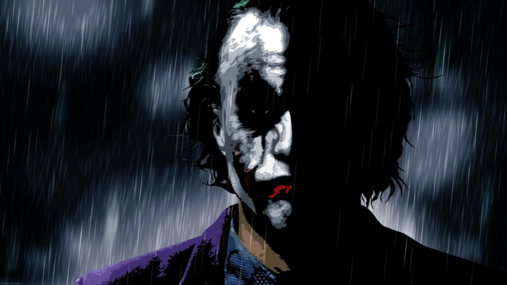 The Haunting Rainfall: A Masterpiece Illustration of Heath Ledger's Joker in the Shadows Wallpaper