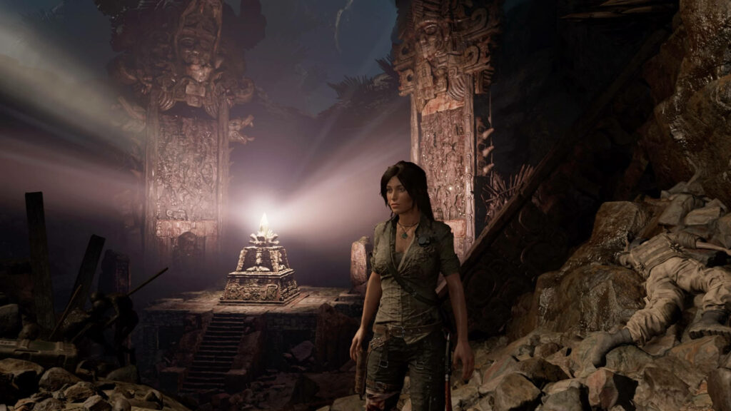Unveiling the Mysteries: Lara Croft and the Enigmatic Emblem in the Ancient Temple Wallpaper