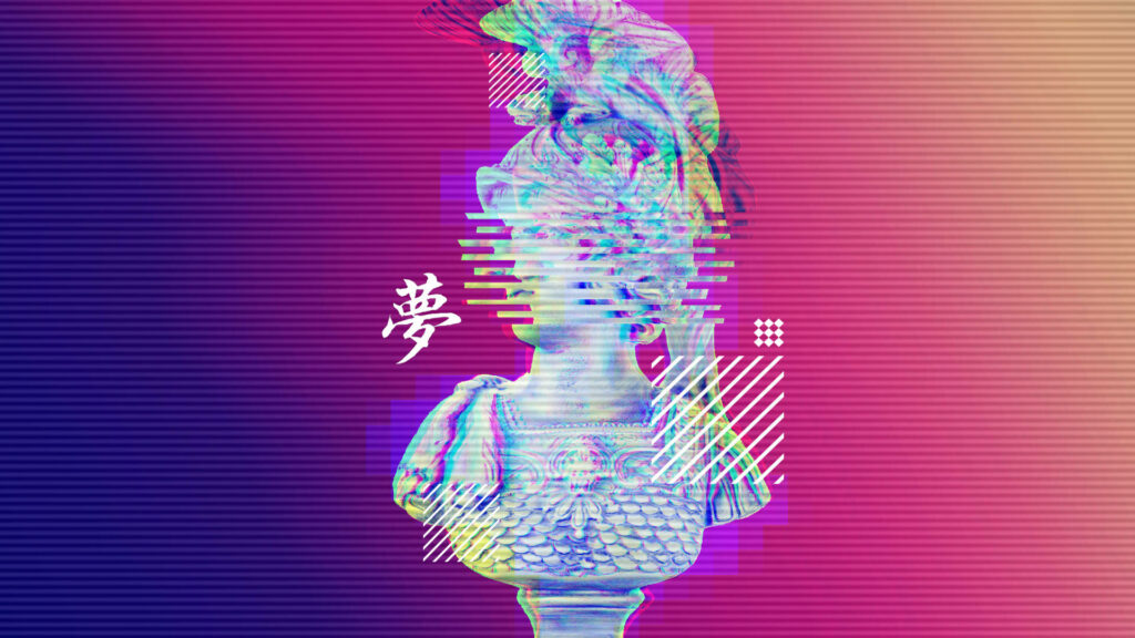 Vaporwave Fusion of Colors with Harmonizing Ancient Warrior Bust Wallpaper