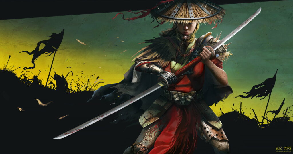 The Electric Empress: A Futuristic Samurai Warrior Radiating Power Amidst the Flag-Clad Fantasy Realm Wallpaper