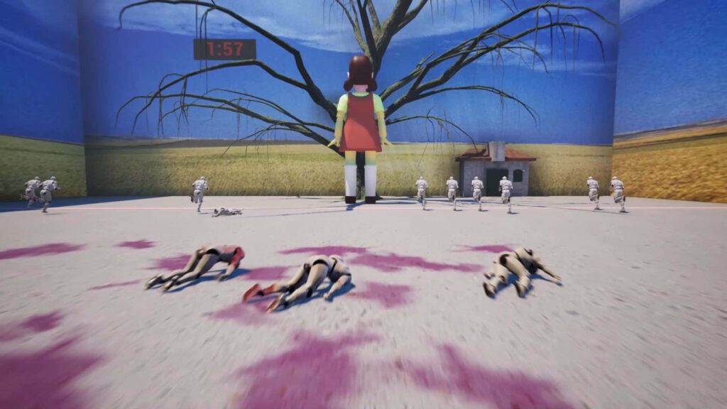 Sinister Recreation: Young-hee's Haunting Imitation in Gothic Squid Game Amphitheater Wallpaper