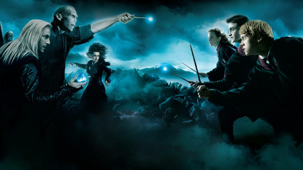 Legendary Showdown: The Golden Trio vs. Voldemort's Deadly Alliance Wallpaper