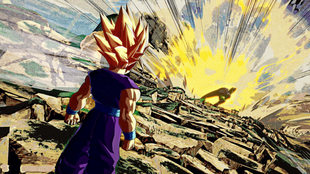Gazing Down Upon Evil: Teen Gohan and Cell Clash in Epic Wallpaper