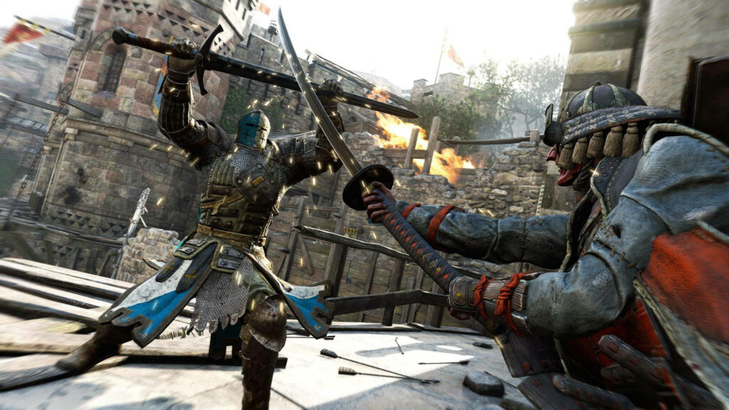 Clash of Legends: Witness the Epic Duel between Knight and Samurai in For Honor Wallpaper