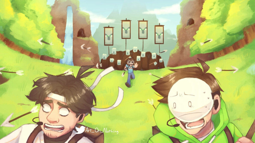 Minecraft's Legendary Team Escaping the Clutches of a Menacing Foe Wallpaper