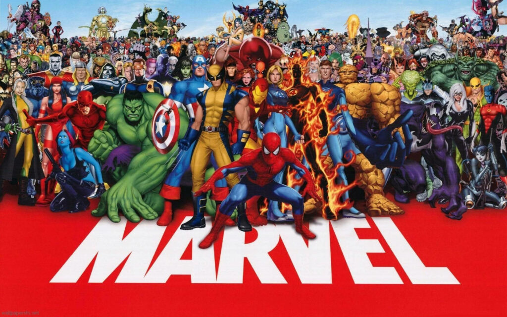Epic Marvel Avengers heroes united in dynamic comic art style on bold red Marvel background Wallpaper
