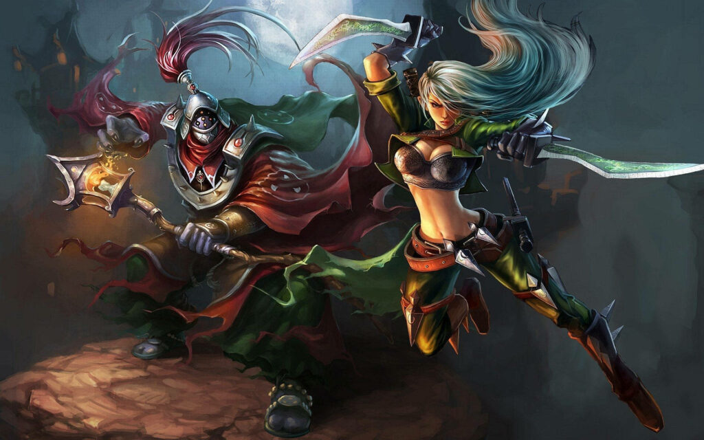 Mercenary Katarina and the Knight Warrior: A Stunning 3D League of Legends Fantasy Wallpaper