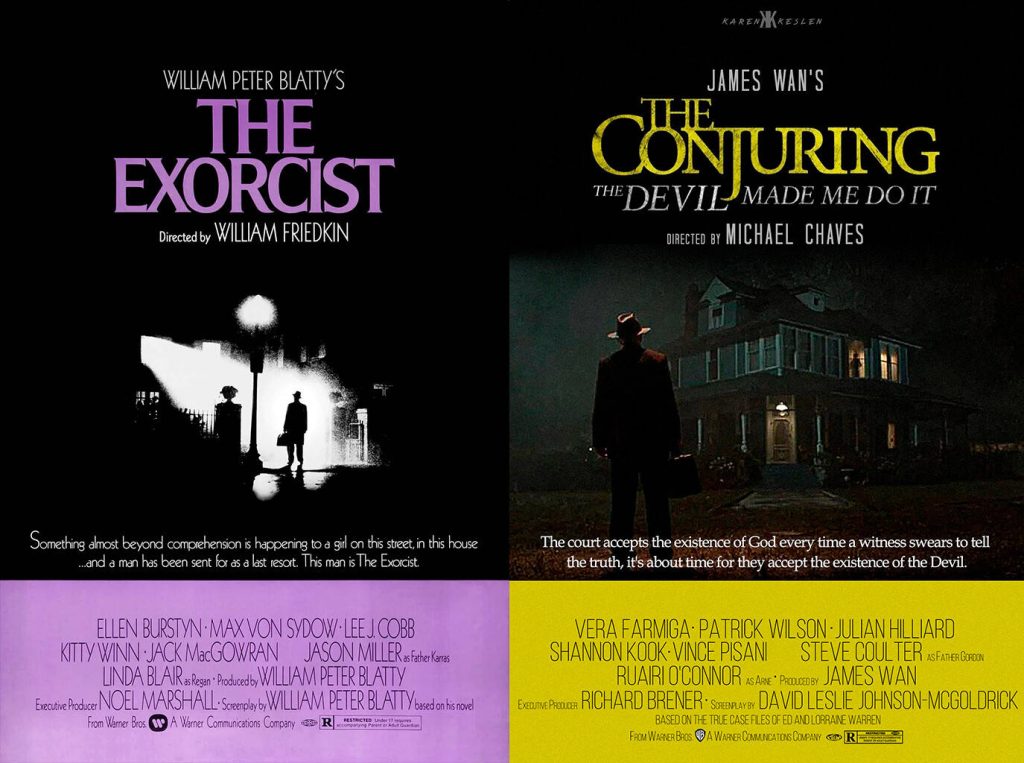 Split-screen wallpaper with The Exorcist silhouette and The Conjuring poster in purple yellow