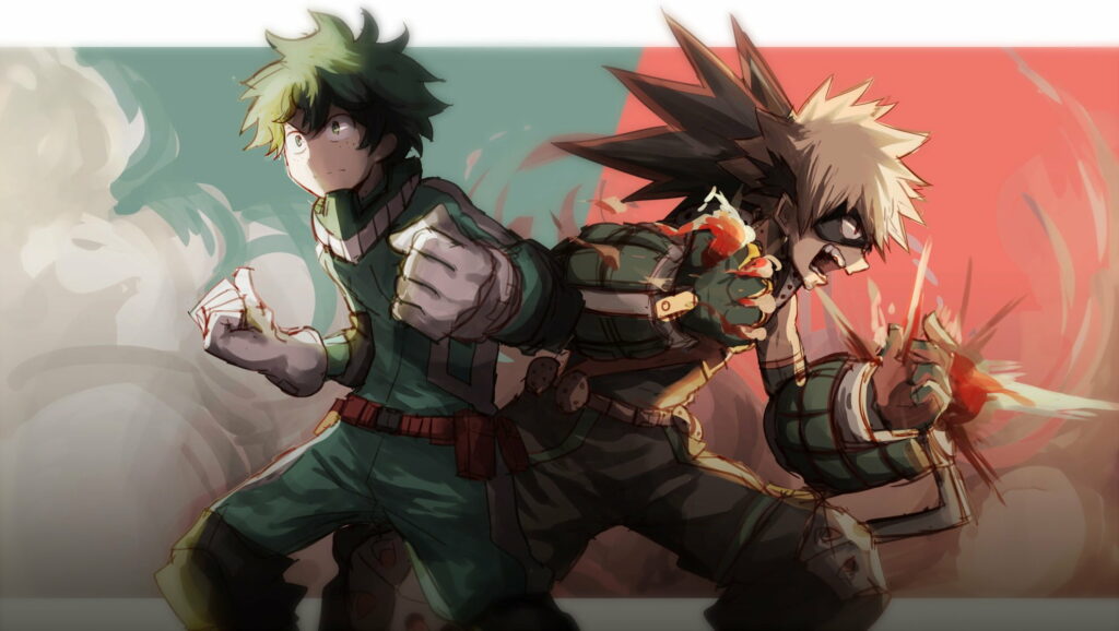 Izuku Midoriya and Katsuki Bakugo dynamic back-to-back anime wallpaper HD vibrant colors