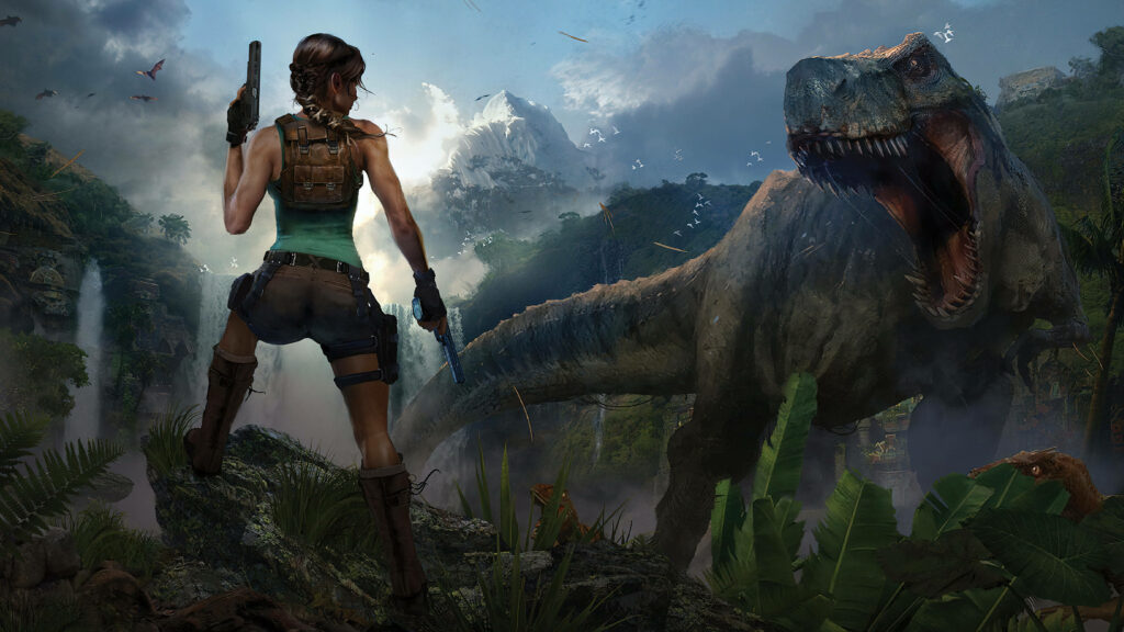 Fierce Battle Unleashed: Lara Croft Faces Ferocious Dinosaur in Iconic Attire Wallpaper