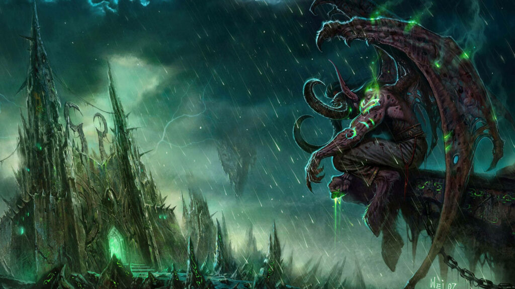 Battle-Hardened Demon Perched in Neon Green Strife Wallpaper