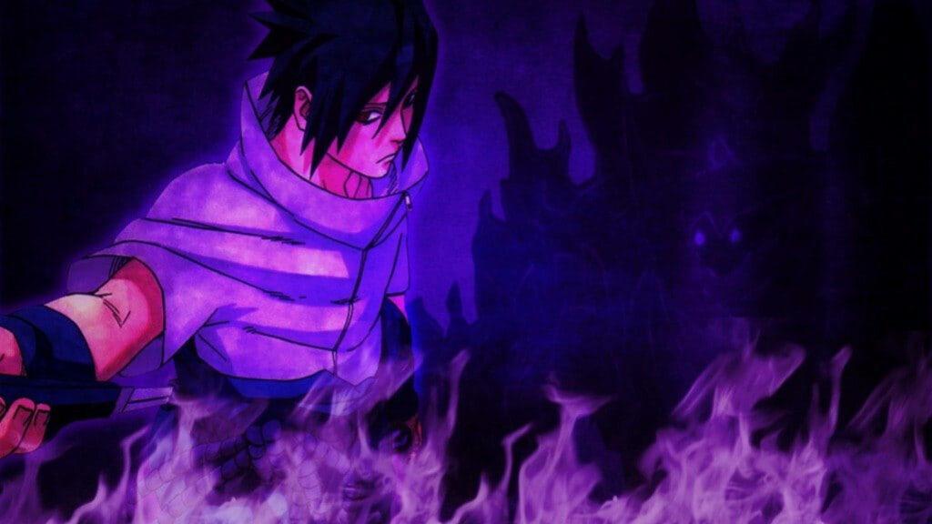 Sasuke's Intense Encounter: Susanoo's Haunting Shadows Amidst Fiery Purple Flames Wallpaper