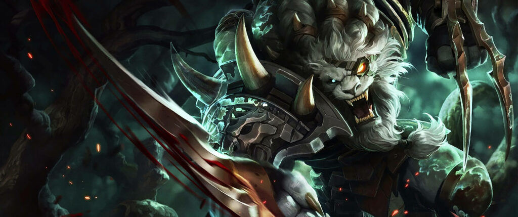 The Fierce Vastayan Trophy Hunter: Rengar Roars in the 3D League of Legends Wallpaper