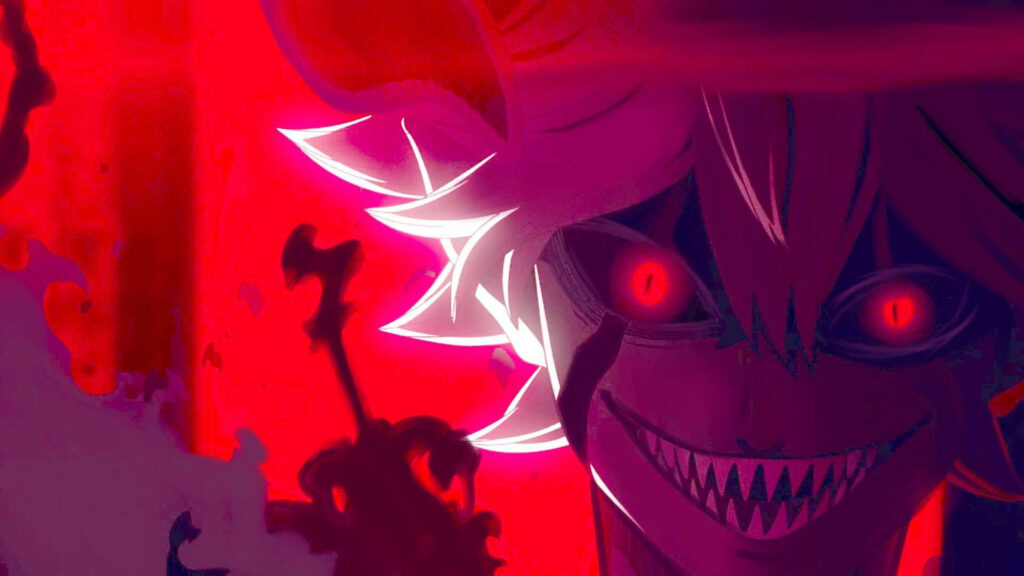 Sinister Manga Portrait: Liebe, the Fiery Demon Grimoire from Black Clover, with Menacing Teeth and Piercing Red Eyes Wallpaper