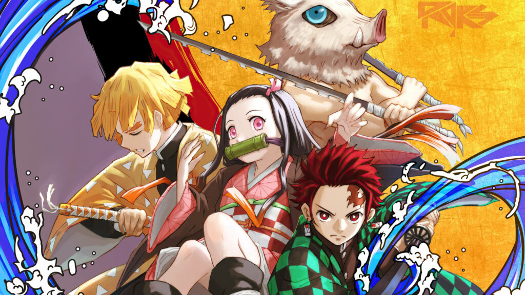 The Fierce Squad: Inosuke and the Demon Slayers Unite, Accompanied by Zenitsu, Tanjiro, and Netsuko Wallpaper