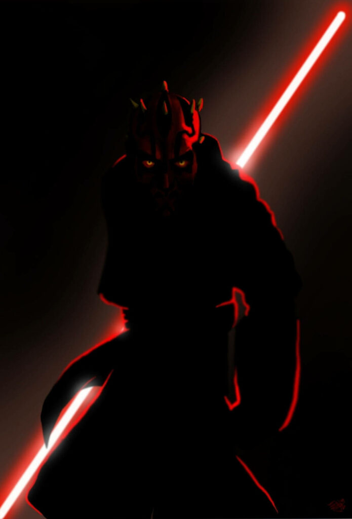 Fierce Darth Maul showcasing his iconic red dual-bladed lightsaber in a Star Wars-themed wallpaper with a vibrant red background