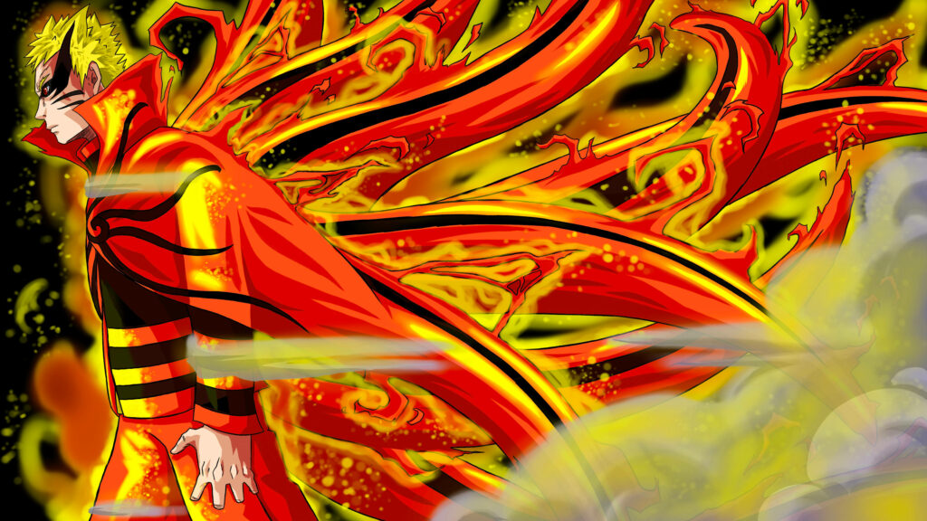 The Fiery Emergence: A Majestic Naruto Baryon Mode Fan Art Unleashing its Power amidst Billowing Smoke Wallpaper