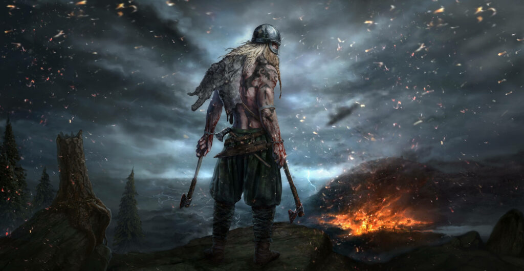 The Valiant Viking Avenger Guards His Beloved Land Amidst Destruction in Epic 8k Gaming Visuals Wallpaper