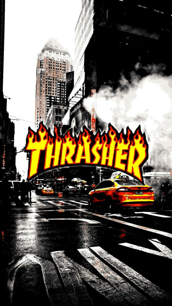 Street Style: Thrasher Magazine's Fiery Logo Sets the Tone in a Lively Urban Scene Wallpaper