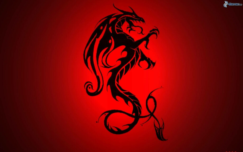 Fiery Majesty: A Black-tinted Dragon Reigns on Glowing Red Background Wallpaper