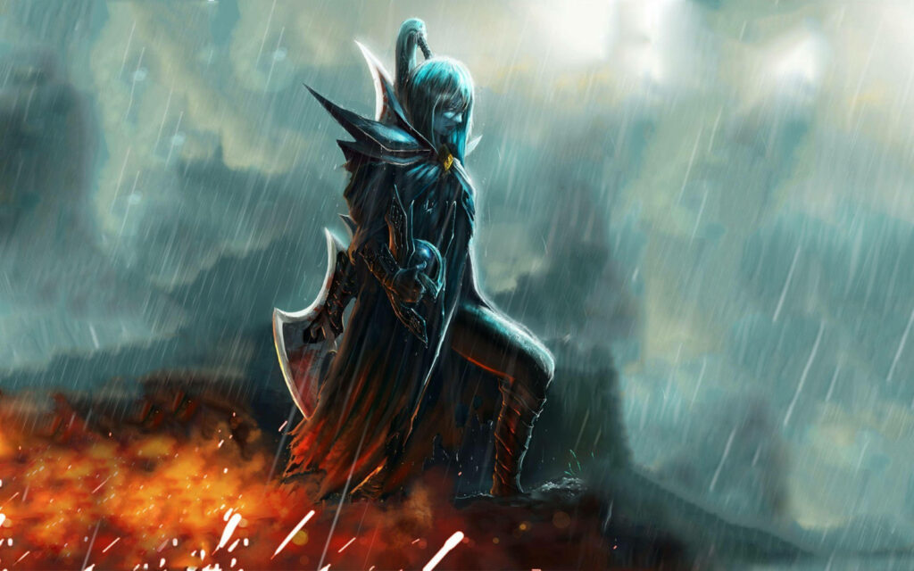 Dota 2's Deadly Mistress: Phantom Assassin Amidst the Fiery Rain Wallpaper