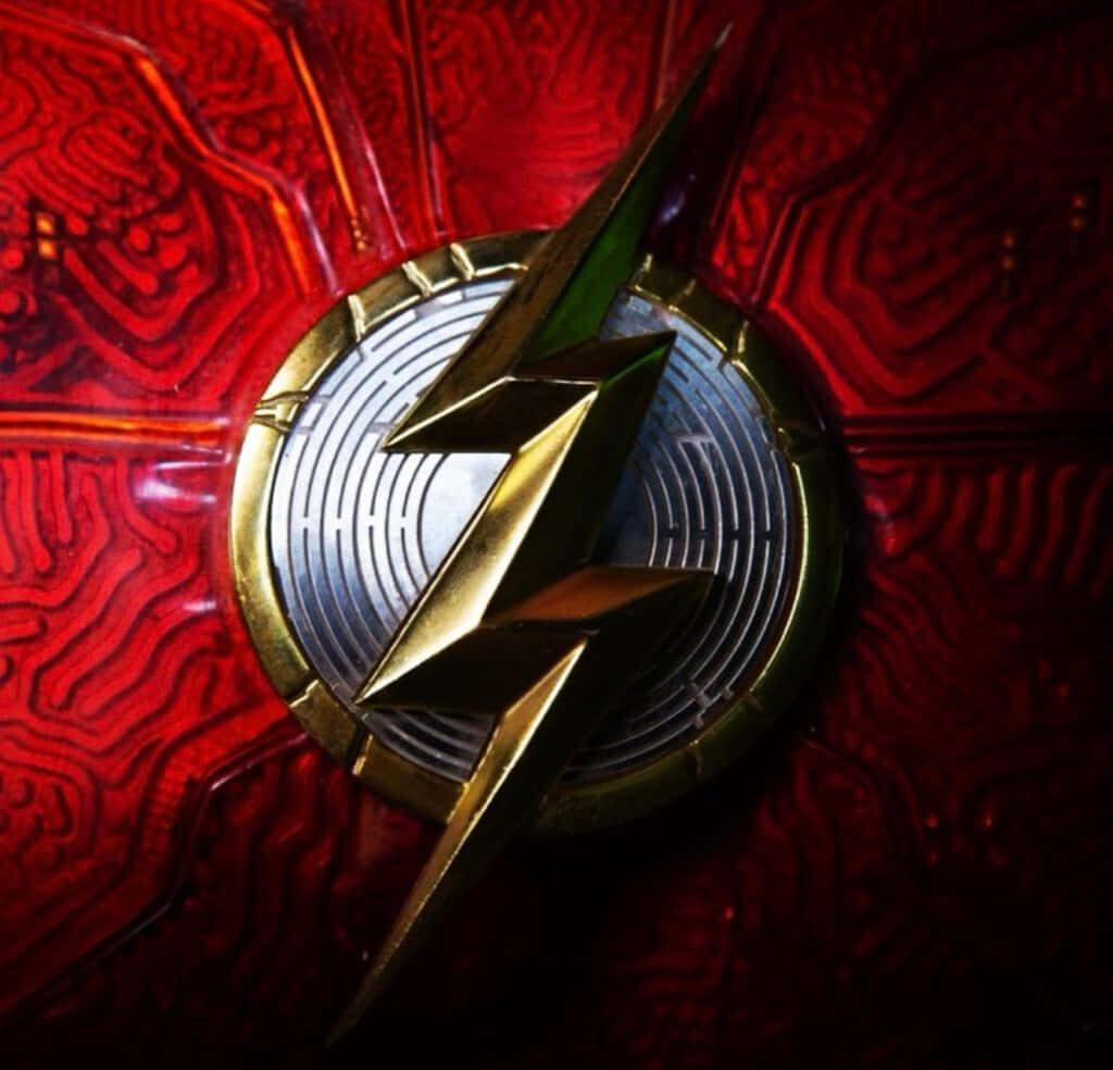 Closeup of The Flash emblem with golden lightning bolt on detailed red textured wallpaper background