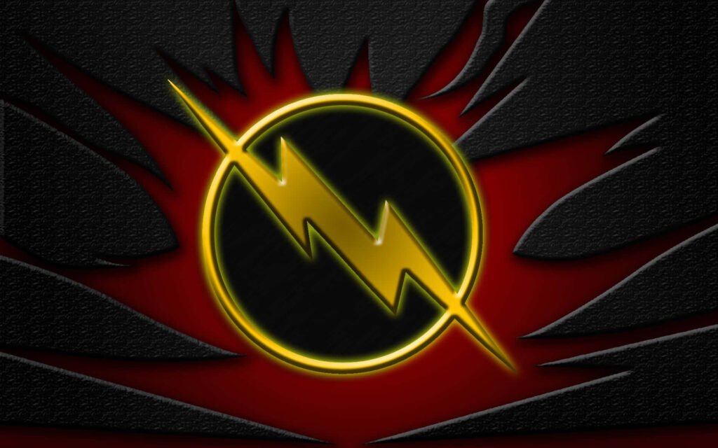The Flash emblem with golden lightning bolt on dramatic red and black textured superhero background Wallpaper