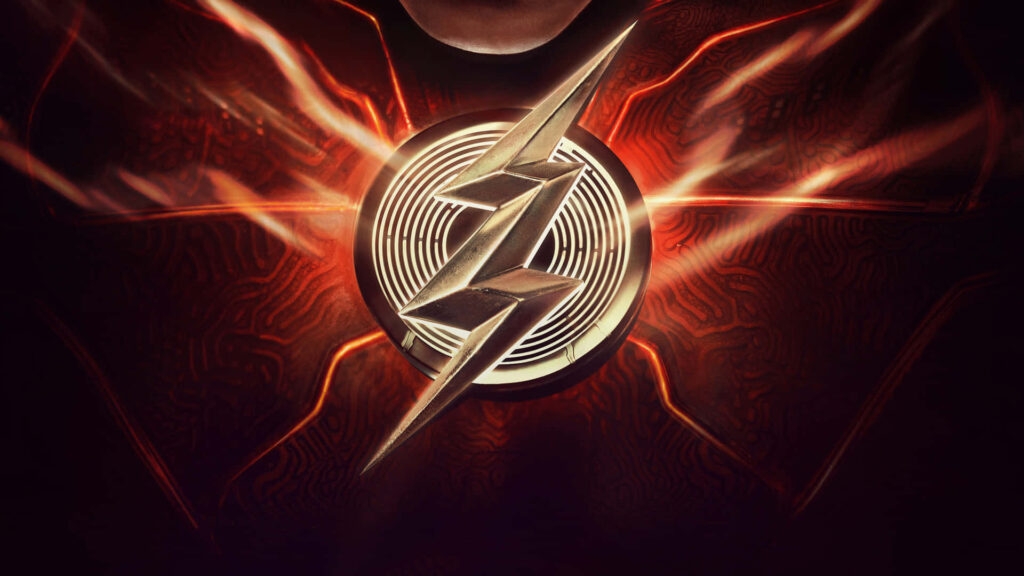 The Flash emblem glowing with lightning energy surges on a dynamic superhero wallpaper background