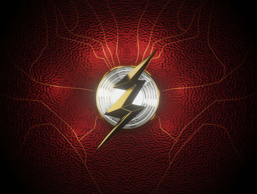 The Flash emblem with golden lightning bolt on vibrant red background detailed patterns glowing Wallpaper