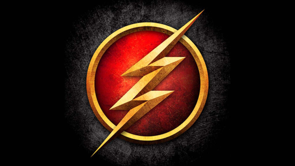 The Flash emblem with bold golden lightning bolt on vibrant red circular superhero wallpaper background