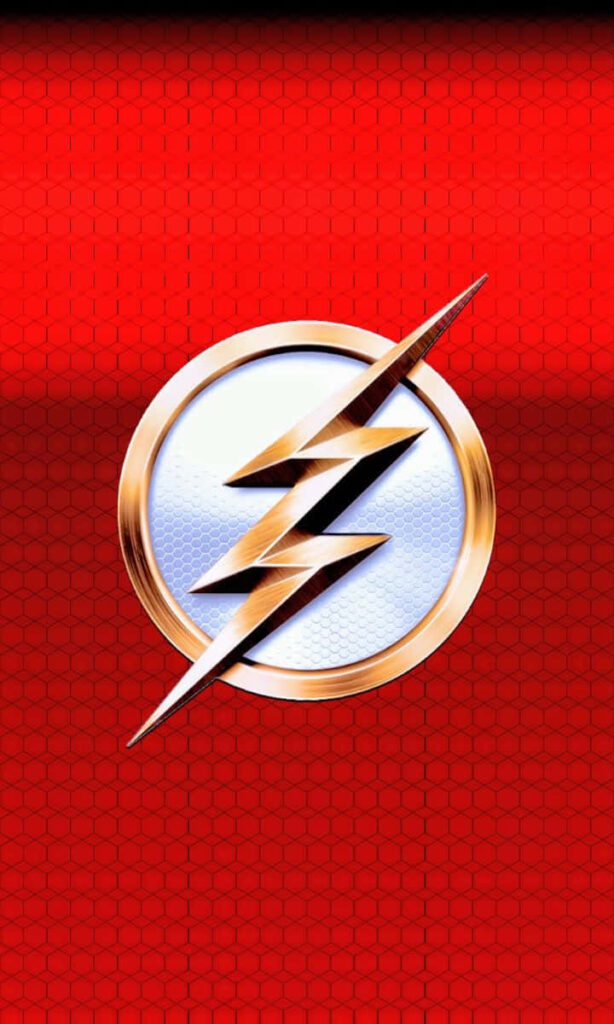 The Flash emblem with silver and gold lightning bolt on vivid red grid textured wallpaper background