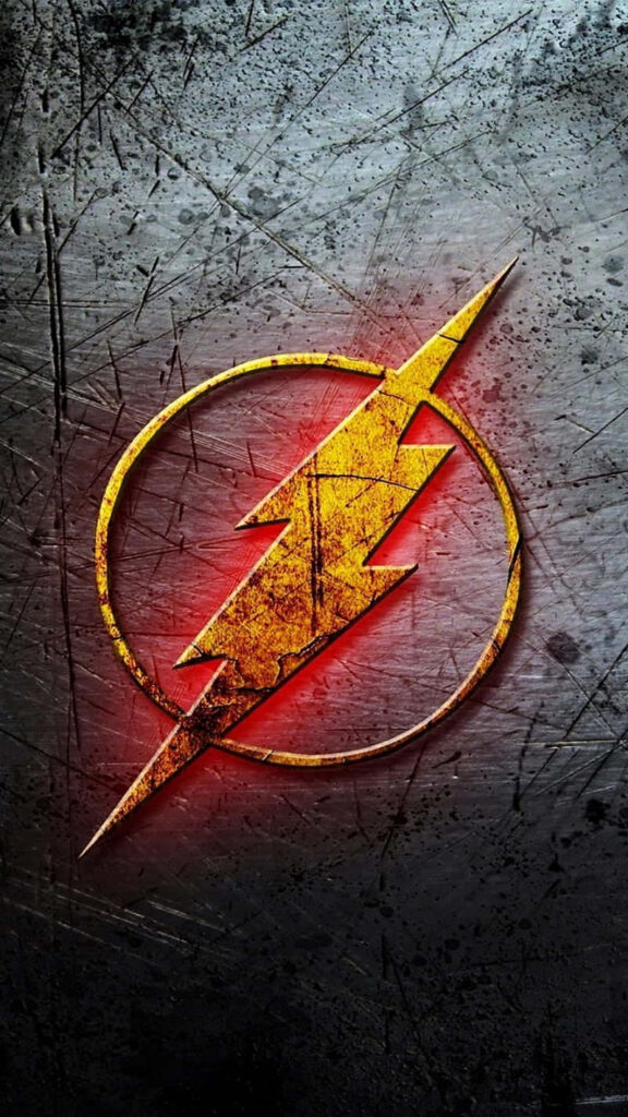Weathered metal background with The Flash emblem and bold yellow lightning bolt wallpaper