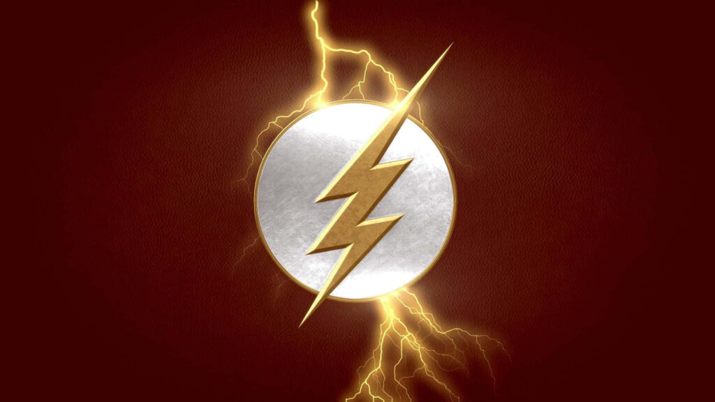 The Flash logo gold lightning bolt on silver circle with red lightning background wallpaper
