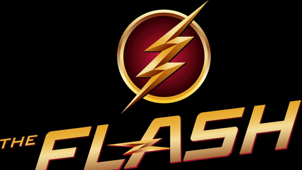 The Flash logo wallpaper with bold gold lightning bolt on red circle black background text