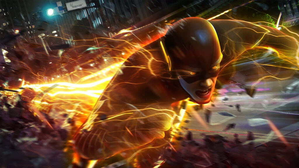 The Flash dashing through cityscape with lightning energy burst dynamic superhero wallpaper