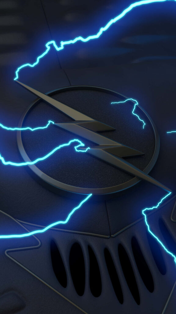 The Flash logo glowing with vivid blue lightning bolts on a dynamic superhero wallpaper background