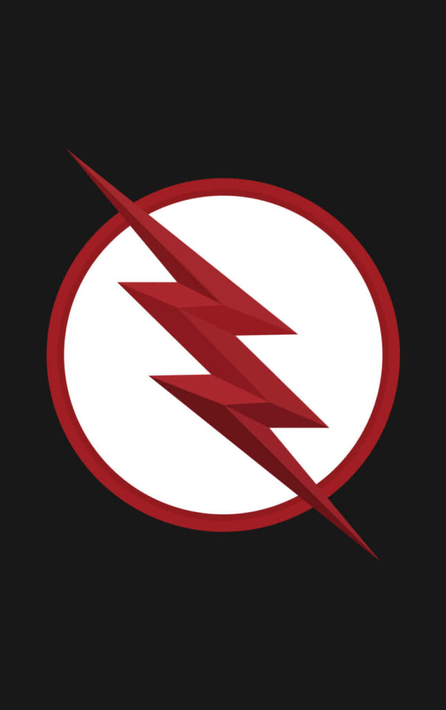 The Flash symbol with a red lightning bolt in a white circle on a sleek black wallpaper background