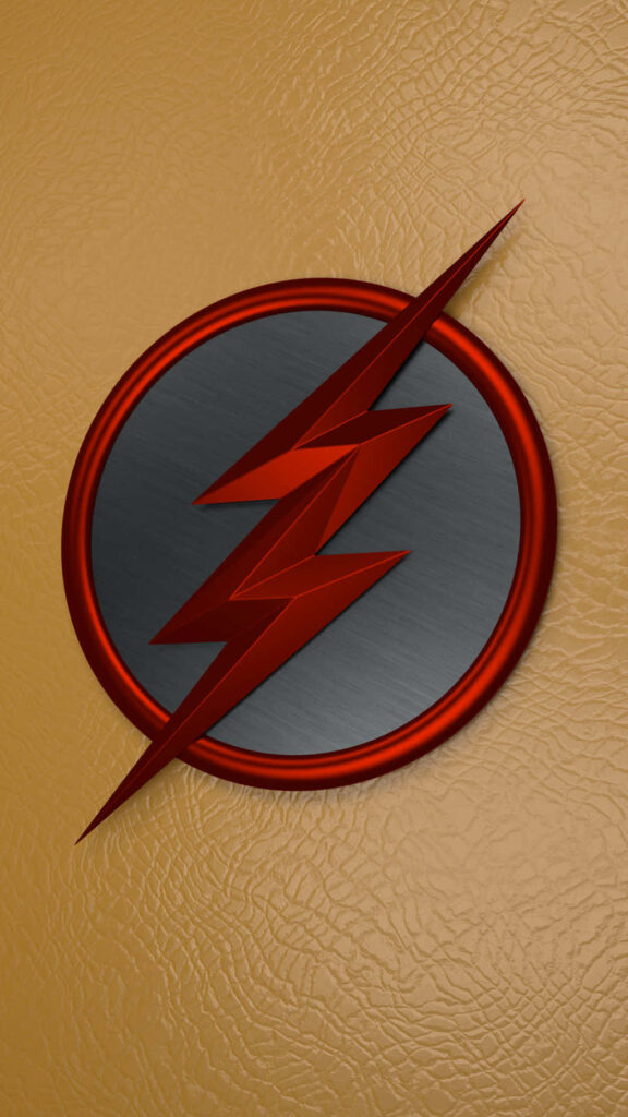 The Flash logo with red lightning bolt on metallic circular background textured tan wallpaper