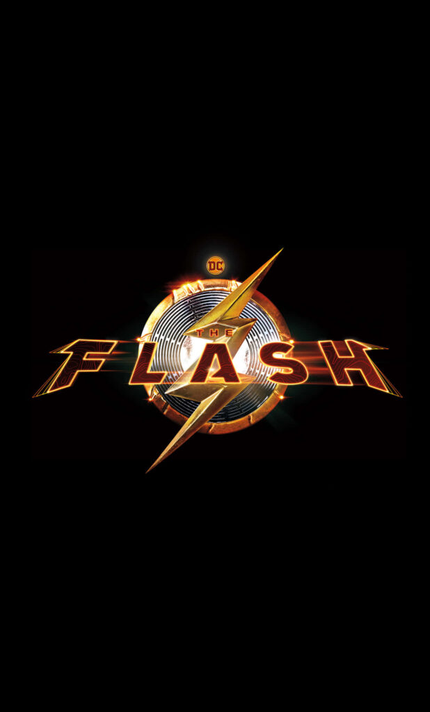 The Flash logo wallpaper with bold golden lightning bolt and metallic lettering on black background