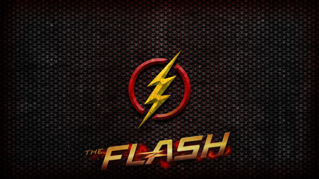 The Flash logo with yellow lightning bolt on red circle over dark metallic background title gold Wallpaper