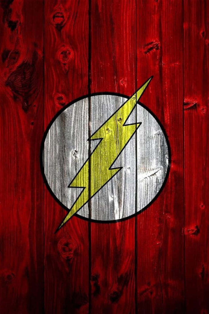 The Flash logo with yellow lightning bolt on white circle over rustic red wooden background wallpaper