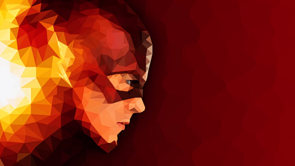 Polygonal art illustration of The Flash in profile on vibrant red background with yellow accents Wallpaper
