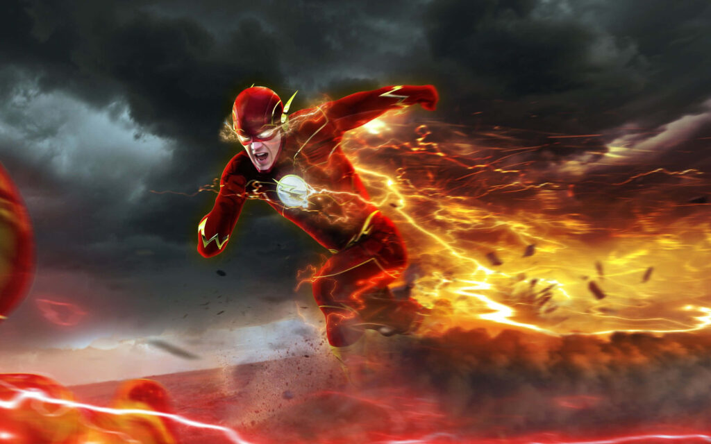 The Flash racing through stormy landscape with red and yellow lightning streaks wallpaper background