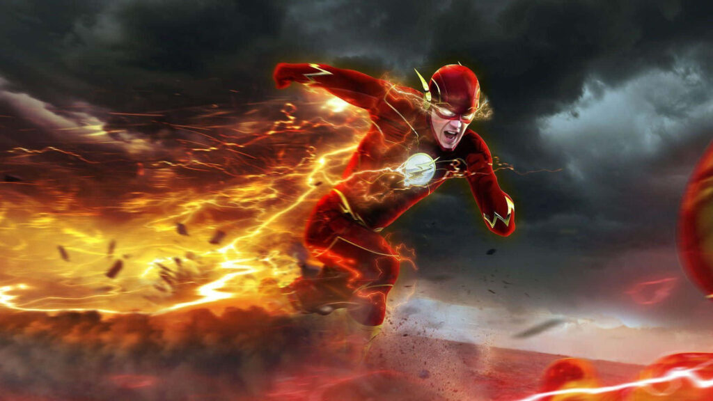 The Flash TV series speeding through stormy landscape with vibrant lightning trail wallpaper